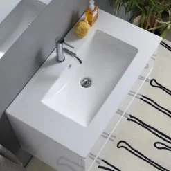 80 x 46 cm glänzend weißer Unterschrank mit Waschtisch und Spiegel mit Lampe | Benaco