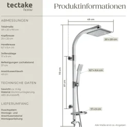 Aluminium Regenduschsystem tectake Antikalktechnik Chrom-Optik grau