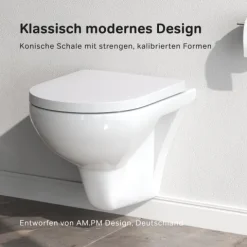 AM.PM Spülrandloses Wand Hänge WC Weiß kurz aus Keramik Wand WC mit WC-Sitz Soft-Close Absenkautomatik Toilettensitz Duroplast abnehmbar, Tiefspüler WC Hänge Toilette CTA1700SC Hit