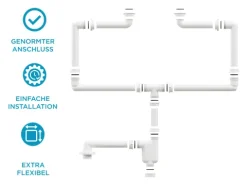 Aqua Bagno Raumsparsiphon für Doppel Waschtisch - Möbelsiphon - Siphon platzsparend - flexibel einstellbar - G 1 1/4 Zoll - DN32 - Doppelwaschbecken