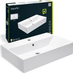 aquaSu® Moderner Waschtisch Malea 60 cm | Design-Waschbecken mit Überlauf und Hahnloch | Hänge-Waschbecken modern | Waschtisch wandhängend | 60 x 42 cm | Sanitärkeramik in weiß | 562300