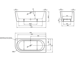 Badewanne OTTOFOND Messina 78 x 178 cm linke Ecke abgerundet weiß/schwarz glänzend 703806