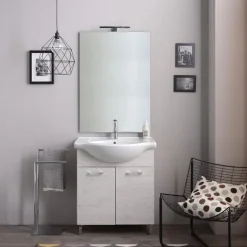 Badezimmermöbel auf dem Boden 75cm 2 Türen weiße Eiche und Spiegel mit Lampe | Rimini