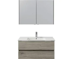 Badmöbel-Set Pelipal Cavallino BxHxT 100 x 200 x 46 cm Frontfarbe eiche sanremo mit Keramik-Waschtisch weiß, Waschtischunterschrank und Spiegelschrank mit LED-Beleuchtung
