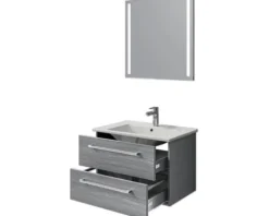 Badmöbel-Set Pelipal Cavallino BxHxT 75 x 200 x 45 cm Frontfarbe graphit struktur quer mit Keramik-Waschtisch weiß, Waschtischunterschrank mit Griff und Spiegel