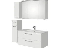 Badmöbel-Set Pelipal Kumba BxHxT 137 x 200 x 50 cm Frontfarbe weiß glanz 5-teilig und mehr mit Mineralguss-Waschtisch weiß, Unterschrank und Wandschrank 99.1070125094