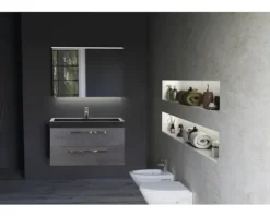 Badmöbel-Set Sanox Seville BxHxT 121 x 170 x 45,5 cm Frontfarbe beton anthrazit mit Waschtisch Naturstein schwarz und Waschtischunterschrank Spiegel mit LED-Beleuchtung Doppelwaschtisch