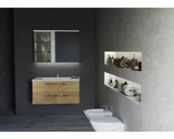 Badmöbel-Set Sanox Seville BxHxT 61 x 170 x 46 cm Frontfarbe eiche natur mit Waschtisch Keramik weiß