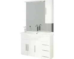 Badmöbel-Set Baden Haus Aida BxHxT 105 x 173 x 50 cm Frontfarbe weiß hochglanz mit Waschtisch Keramik weiß und Unterschrank Spiegel