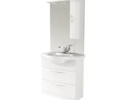 Badmöbel-Set Baden Haus Bahia BxHxT 86 x 190 x 50 cm Frontfarbe weiß hochglanz mit Waschtisch Keramik weiß und Waschtisch Waschtischunterschrank Schubkästen mit Soft-Close-Funktion Spiegel