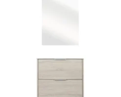 Badmöbel-Set Differnz Bolo 61 x 110 x 46 cm Frontfarbe eiche hell Waschtisch weiß und Spiegel Waschtisch Unterschrank