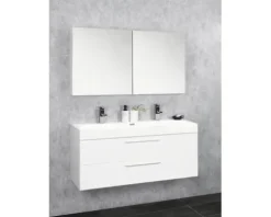 Badmöbel-Set Differnz Somero BxHxT 100 x 170 x 38 cm Frontfarbe weiß hochglanz mit Waschtisch Mineralguss weiß