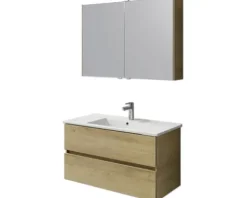 Badmöbel-Set Pelipal Cavallino BxHxT 100 x 200 x 46 cm Frontfarbe eiche riviera mit Keramik-Waschtisch weiß, Waschtischunterschrank und Spiegelschrank mit LED-Beleuchtung