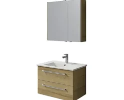 Badmöbel-Set Pelipal Cavallino BxHxT 75 x 200 x 45 cm Frontfarbe eiche riviera mit Keramik-Waschtisch weiß, Waschtischunterschrank mit Griff und Spiegelschrank mit LED-Beleuchtung