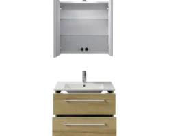 Badmöbel-Set Pelipal Cavallino BxHxT 75 x 200 x 45 cm Frontfarbe eiche riviera mit Keramik-Waschtisch weiß, Waschtischunterschrank mit Griff und Spiegelschrank mit LED-Beleuchtung