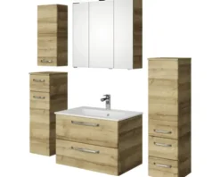 Badmöbel-Set Pelipal Kumba BxHxT 137 x 200 x 50 cm Frontfarbe eiche riviera 5-teilig mit Mineralguss-Waschtisch weiß, Midischrank, Unterschrank und Wandschrank 99.770126473