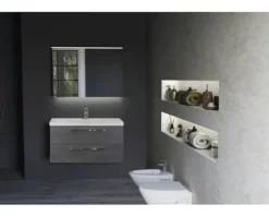 Badmöbel-Set Sanox Seville BxHxT 61 x 170 x 46 cm Frontfarbe beton anthrazit mit Waschtisch Keramik weiß und Waschtischunterschrank Waschtisch Spiegel mit LED-Beleuchtung