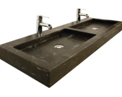 Badmöbel-Set Sanox Seville BxHxT 121 x 170 x 45,5 cm Frontfarbe weiß hochglanz mit Waschtisch Naturstein schwarz und Waschtischunterschrank Doppelwaschtisch Spiegel mit LED-Beleuchtung