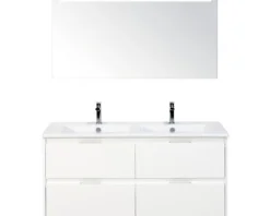 Badmöbelset 3-teilig Doppelbadmöbel Sanox Porto BxHxT 121 x 170 x 51 cm Frontfarbe weiß hochglanz mit Waschtisch Keramik weiß und Waschtischunterschrank Doppelwaschtisch Spiegel mit LED-Beleuchtung 84731301