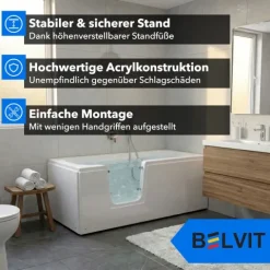 BELVIT Seniorenbadewanne 170 cm Rechteck Badewanne mit Einstieg links, barrierefreie Dusch-Badewanne für Senioren und Erwachsene