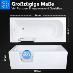 BELVIT Seniorenbadewanne 170 cm Rechteck Badewanne mit Einstieg links, barrierefreie Dusch-Badewanne für Senioren und Erwachsene