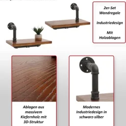 BERLINLODGE 2er-Set Wandregal HxBxT 29x45x25cm Hängeregal Regal Bücherregal 3D-Struktur Industrial Stahl Massiv-Holz Braun