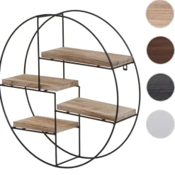 BERLINLODGE Wandregal rund HxBxT 45x45x11cm 4 Regalböden Metall Massiv-Holz Industrial Dunkelbraun| Hängeregal Schweberegal Regal
