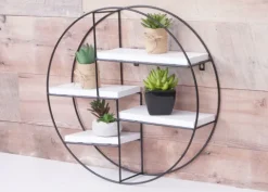 BERLINLODGE Wandregal rund HxBxT 45x45x11cm 4 Regalböden Metall Massiv-Holz Industrial Weiß Hängeregal Schweberegal Regal