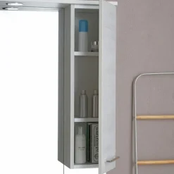 Breites 106 cm Badmöbelset mit Türen und Füßen, Waschbecken, Spiegel mit Hängeschrank und LED | Rimini