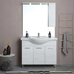 Breites 106 cm Badmöbelset mit Türen und Füßen, Waschbecken, Spiegel mit Hängeschrank und LED | Rimini