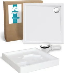 Calmwaters® Duschwannen-Set Modern Select, Flache Acryl-Brausewanne mit Wannenträger und Excenter-Ablaufgarnitur, 80 x 80 x 2,5 cm, Komplettset Acrylwanne, Bodengleicher Einbau, Weiß, 99000119