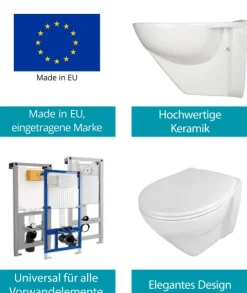 Calmwaters® Erhöhtes Wand WC spülrandlos Modern Plus mit Toilettendeckel, + 6 cm Erhöhung, inklusive abnehmbarem WC Sitz mit Absenkautomatik und Schnellbefestigung, Tiefspüler, Weiß, 08AB5815