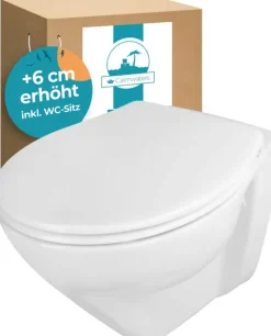 Calmwaters® Erhöhtes Wand WC spülrandlos Modern Plus mit Toilettendeckel, + 6 cm Erhöhung, inklusive abnehmbarem WC Sitz mit Absenkautomatik und Schnellbefestigung, Tiefspüler, Weiß, 08AB5815