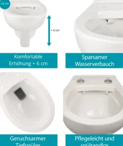 Calmwaters® Erhöhtes Wand WC spülrandlos Modern Plus mit Toilettendeckel, + 6 cm Erhöhung, inklusive abnehmbarem WC Sitz mit Absenkautomatik und Schnellbefestigung, Tiefspüler, Weiß, 08AB5815