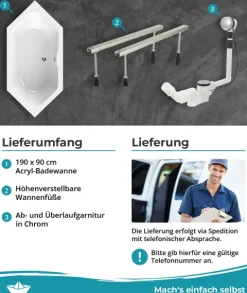 Calmwaters® Sechseck Badewanne Komplettset 190x90 cm, Made in EU, mit Wannenfüßen & Ablaufgarnitur, Acrylwanne Exclusive, Duowanne für 2, Set Badewanne komplett, 6 Eck Wanne 190 x 90, Weiß, 99000334