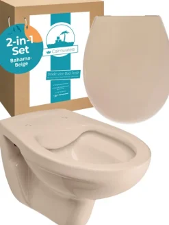 Calmwaters® Spülrandloses Hänge WC, Tiefspül WC aus Keramik, Komplettset mit WC Sitz mit Absenkautomatik in Beige-Bahamabeige, Waagerechter Abgang, WC Sitz aus antibakteriellem Duroplast, 99000190