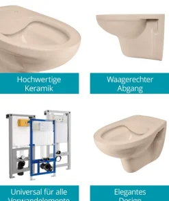 Calmwaters® Spülrandloses Hänge WC, Tiefspül WC aus Keramik, Komplettset mit WC Sitz mit Absenkautomatik in Beige-Bahamabeige, Waagerechter Abgang, WC Sitz aus antibakteriellem Duroplast, 99000190