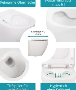 Calmwaters® Wand WC spülrandlos Weiß, mit WC-Sitz, Raumspar WC: 45 cm Ausladung, mit Absenkautomatik, Tiefspüler, Hänge WC, Wandmontage, Sanitärkeramik, 08AB6159