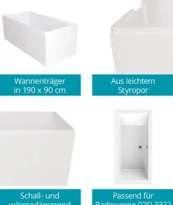 Calmwaters® Wannenträger 190 x 90 cm Modern Square 2, Passend für Rechteck-Badewanne 190x90 cm, Styroporträger, Schall- und wärmedämmend, Direkt verfliesbar, Badewannenträger in Weiß, 03AX3358