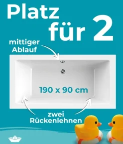 Calmwaters® Acryl Premium Badewanne Komplettset 190x90 cm - Made in EU - mit Wannenträger & Ablaufgarnitur - Duo-Badewanne 2 Personen, 99000013