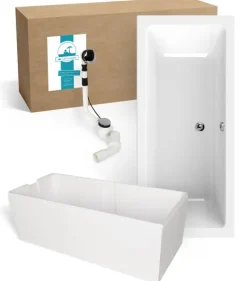 Calmwaters® Badewanne Komplettset 170x75 cm Modern Select, Acryl-Badewanne mit Wannenträger und Excenter-Ablaufgarnitur, Körperformbadewanne für Zwei, Rechteckbadewanne 170 x 75, Weiß, 99000157