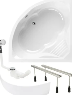 Calmwaters® Eckbadewanne Komplettset 150x150 cm Curved Wellness, Made in EU, 4in1 Acryl-Wanne mit Schürze, Wannenfüßen & Ablaufgarnitur, Duowanne mit integriertem Sitz, Eckwanne 150 x 150, Weiß