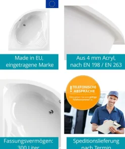 Calmwaters® Eckbadewanne Komplettset 150x150 cm mit Wannenträger, Acrylwanne Curved Wellness, Ab- & Überlaufgarnitur, Duowanne für 2, Sitzbadewanne, Set Sitz-Badewanne komplett, Weiß, 99000091