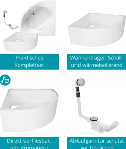 Calmwaters® Eckbadewanne Komplettset 150x150 cm mit Wannenträger, Acrylwanne Curved Wellness, Ab- & Überlaufgarnitur, Duowanne für 2, Sitzbadewanne, Set Sitz-Badewanne komplett, Weiß, 99000091