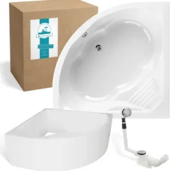 Calmwaters® Eckbadewanne Komplettset 150x150 cm mit Wannenträger, Acrylwanne Curved Wellness, Ab- & Überlaufgarnitur, Duowanne für 2, Sitzbadewanne, Set Sitz-Badewanne komplett, Weiß, 99000091