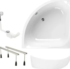 Calmwaters® Eckbadewanne Komplettset 120x120 cm Modern Small 2, Made in EU, 4in1 Acryl-Wanne mit Schürze, Wannenfüßen & Ablaufgarnitur, Duowanne für 2, Set Badewanne komplett, 120 x 120, Weiß, 99000047