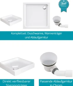 Calmwaters® - Modern Soft - Quadrat-Duschwanne in 90 x 90 x 6,5 cm im Komplettset mit Wannenträger & Ablaufgarnitur - 99000117