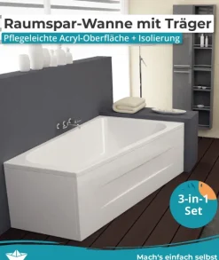 Calmwaters® Raumspar-Badewannen-Set 160x70 cm, Made in EU, mit Wannenträger & Ablaufgarnitur,, Acrylwanne Essential Small, platzsparende Wanne, Set Badewanne komplett, 160 x 70 cm, Weiß, 99000324