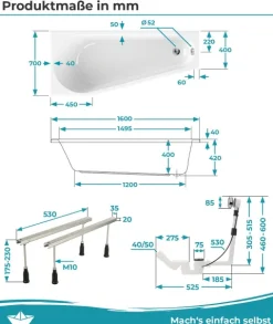 Calmwaters® Raumsparende Eckbadewanne 160x70 cm Essential Small, Made in EU, 3in1 Acryl-Badewanne mit Wannenfüßen & Ablaufgarnitur, platzsparende Badewanne rechte Ausführung, 160 x 70 cm, Weiß, 99000326