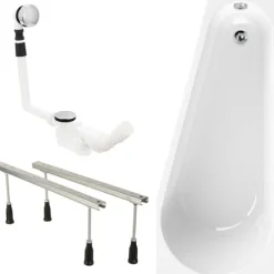 Calmwaters® Raumsparende Eckbadewanne 160x70 cm Essential Small, Made in EU, 3in1 Acryl-Badewanne mit Wannenfüßen & Ablaufgarnitur, platzsparende Badewanne linke Ausführung, 160 x 70 cm, Weiß, 99000322